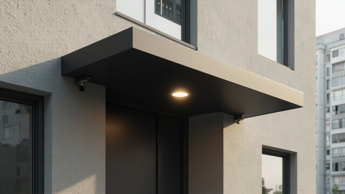 Ilustrasi konsep reka bentuk: kanopi rata arang yang nipis dengan downlight hangat di atas pintu utama, tanpa tiang