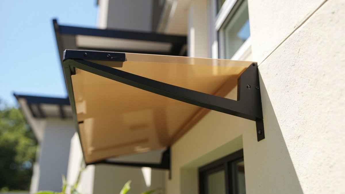 Ilustrasi konsep reka bentuk: awning tingkap polycarbonate bronze dipegang braket dinding hitam, tanpa tiang