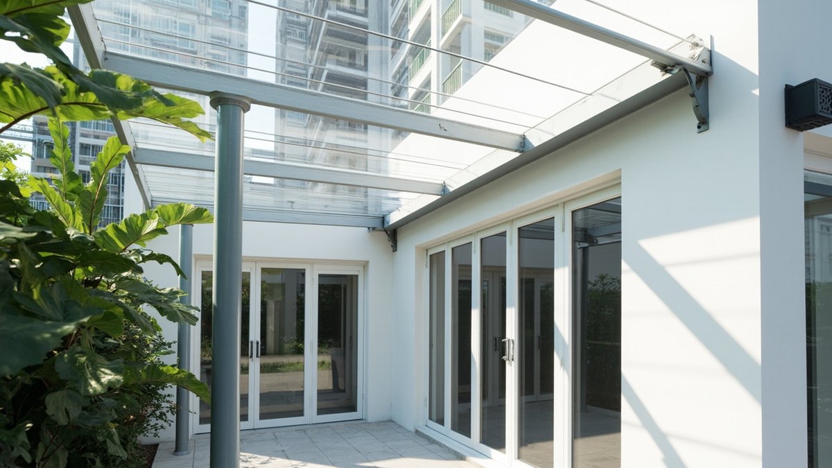 Ilustrasi konsep reka bentuk: awning polycarbonate jernih atas kasau keluli kelabu dengan tiang nipis di tepi luar