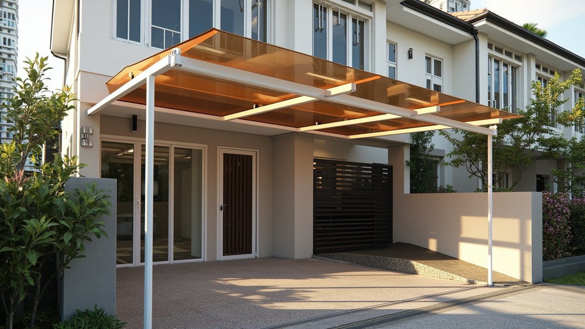 Ilustrasi konsep reka bentuk: awning polycarbonate bronze atas rangka keluli putih memanjangkan car porch ke pagar dengan dua tiang
