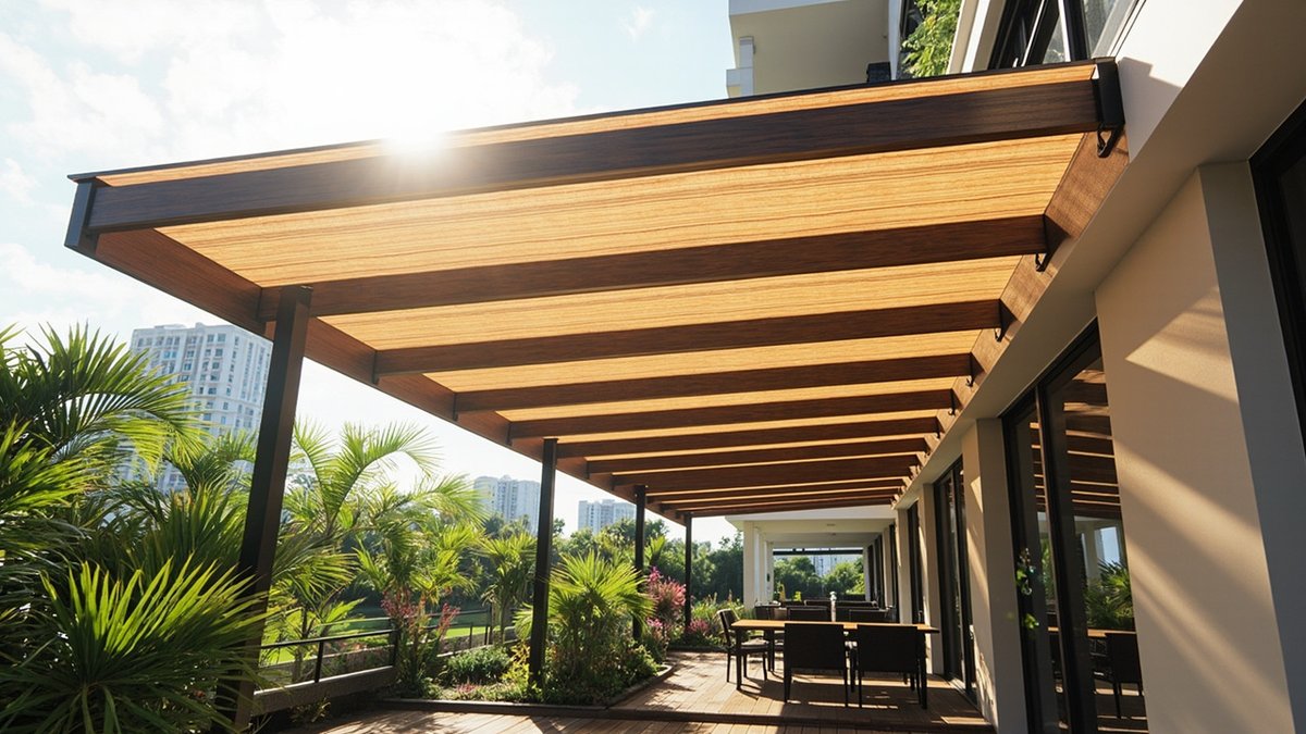 Ilustrasi konsep reka bentuk: awning bilah rupa kayu atas tiang gelap nipis di atas dek taman