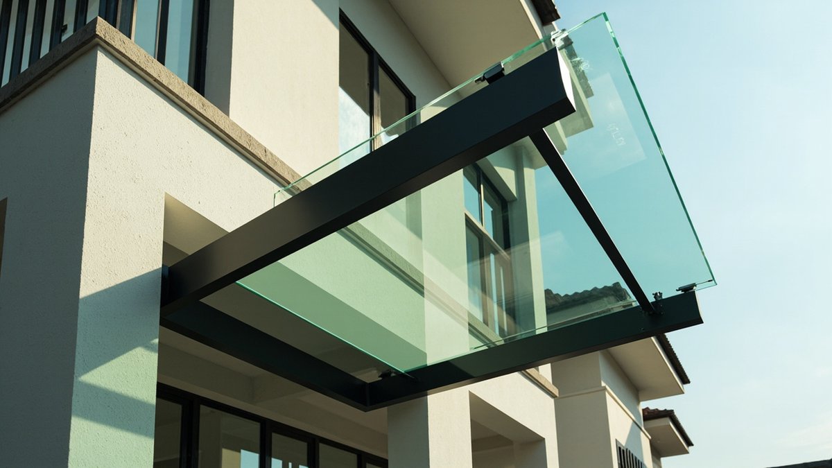 Tempered glass awning canopy over an entrance