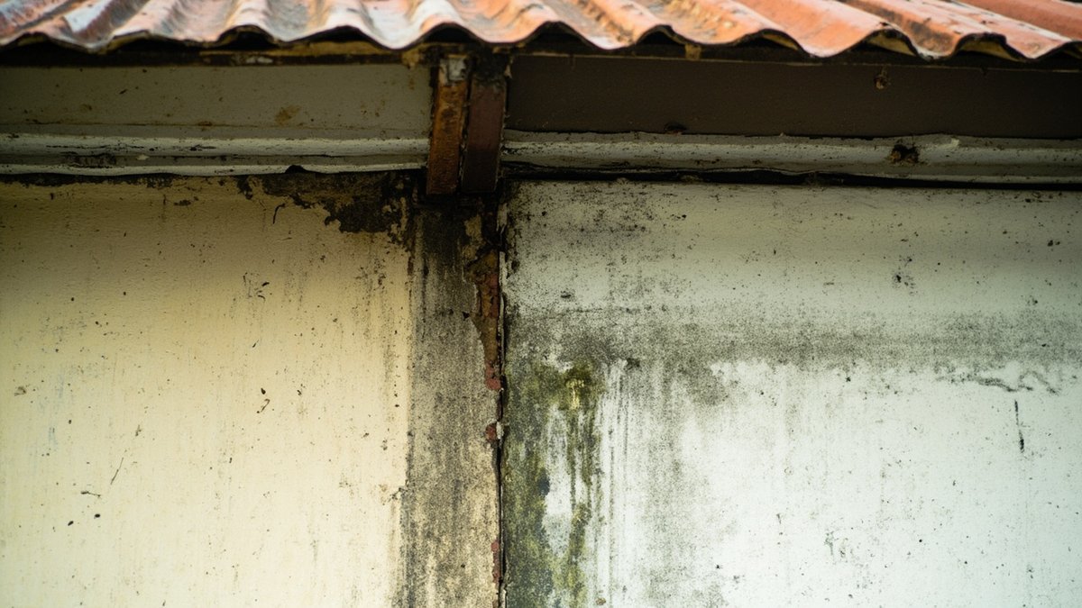 The junction where an awning meets an external wall, with water staining