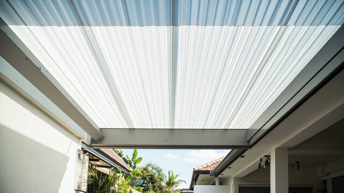 Polycarbonate sheet awning over a car porch