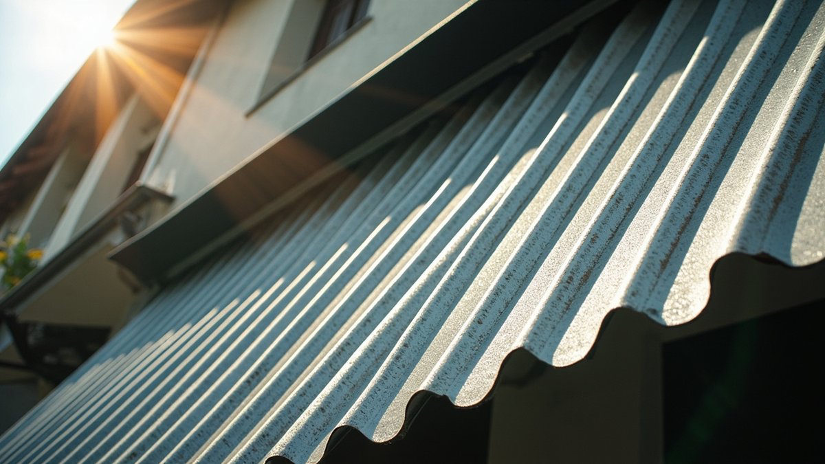 Corrugated zinc metal awning over a car porch