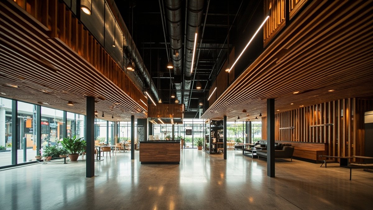 Parallel wood-grain aluminium baffle blades under a black-painted slab in a cafe