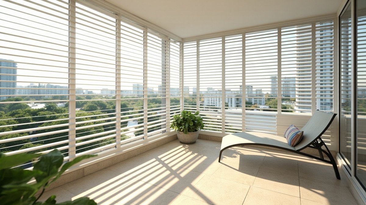 Illustrative concept design: white aluminium louvre panels around a corner condo balcony with a sun lounger and striped shadows