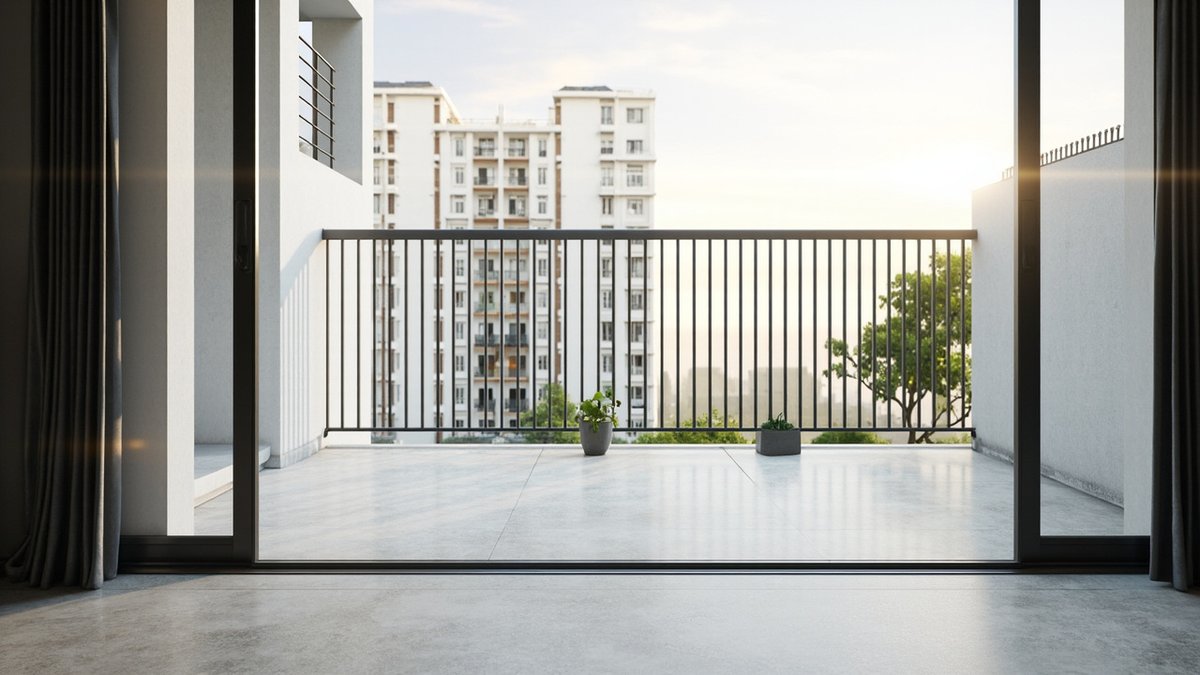 Illustrative concept design: condo balcony with large light grey tiles seen through an open sliding door, black bar railing