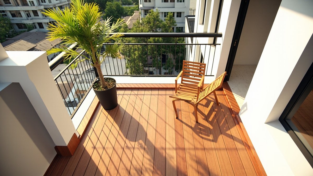 Illustrative concept design: reddish-brown timber deck balcony with two slatted chairs and a potted palm, seen from above