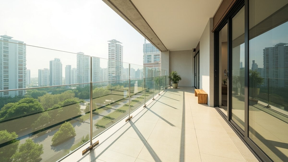 Illustrative concept design: clear glass balustrade with slim stainless posts and top rail on a long condo balcony with a bench