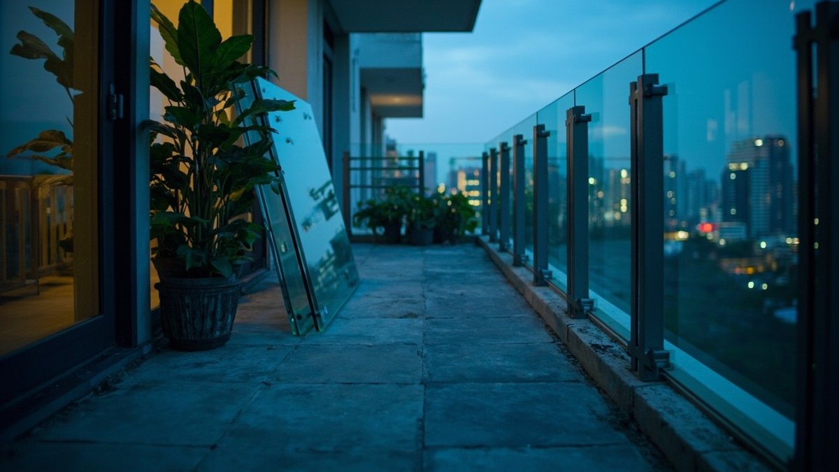 High-rise balcony at dusk with a glass balustrade, a potted plant and a glass panel leaning against the wall