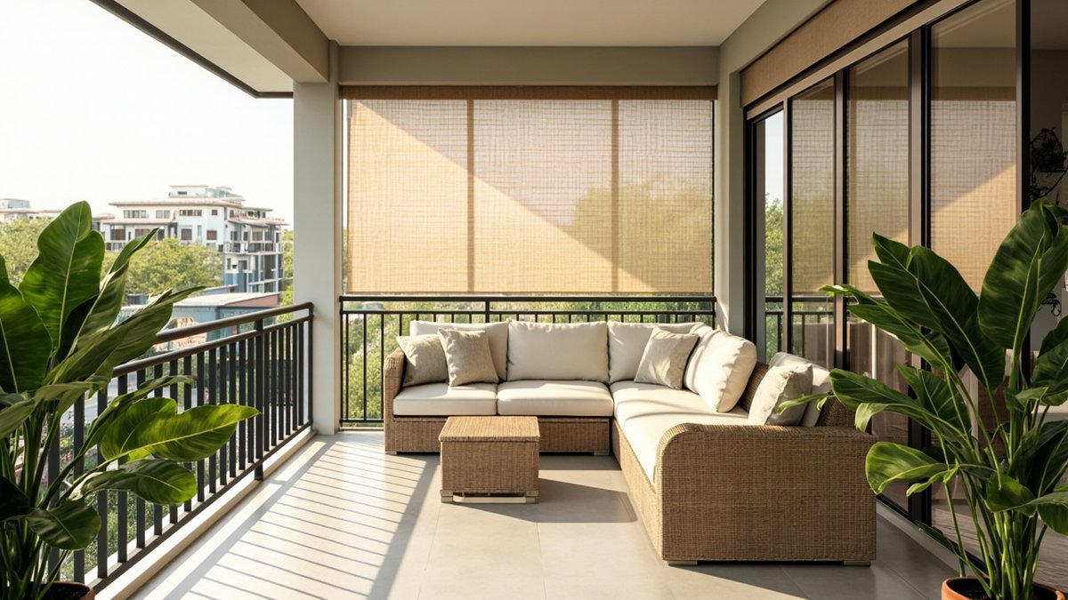Illustrative concept design: rattan corner sofa with cream cushions and a lowered bamboo-look roller blind on a covered balcony