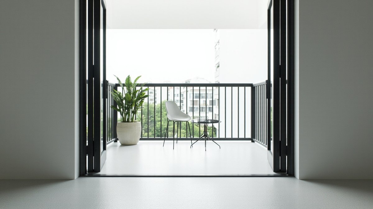 Illustrative concept design: pale grey seamless epoxy floor on a small condo balcony with a white chair and black side table