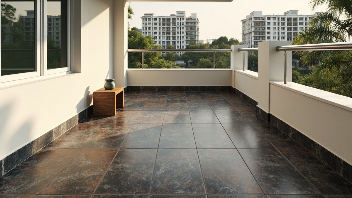 Illustrative concept design: charcoal and rust slate tile floor on a landed-house balcony with cream parapets and a teak stool