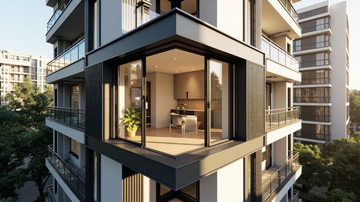 Illustrative concept design: condo corner balcony fully enclosed by black-framed sliding glass panels, seen from outside