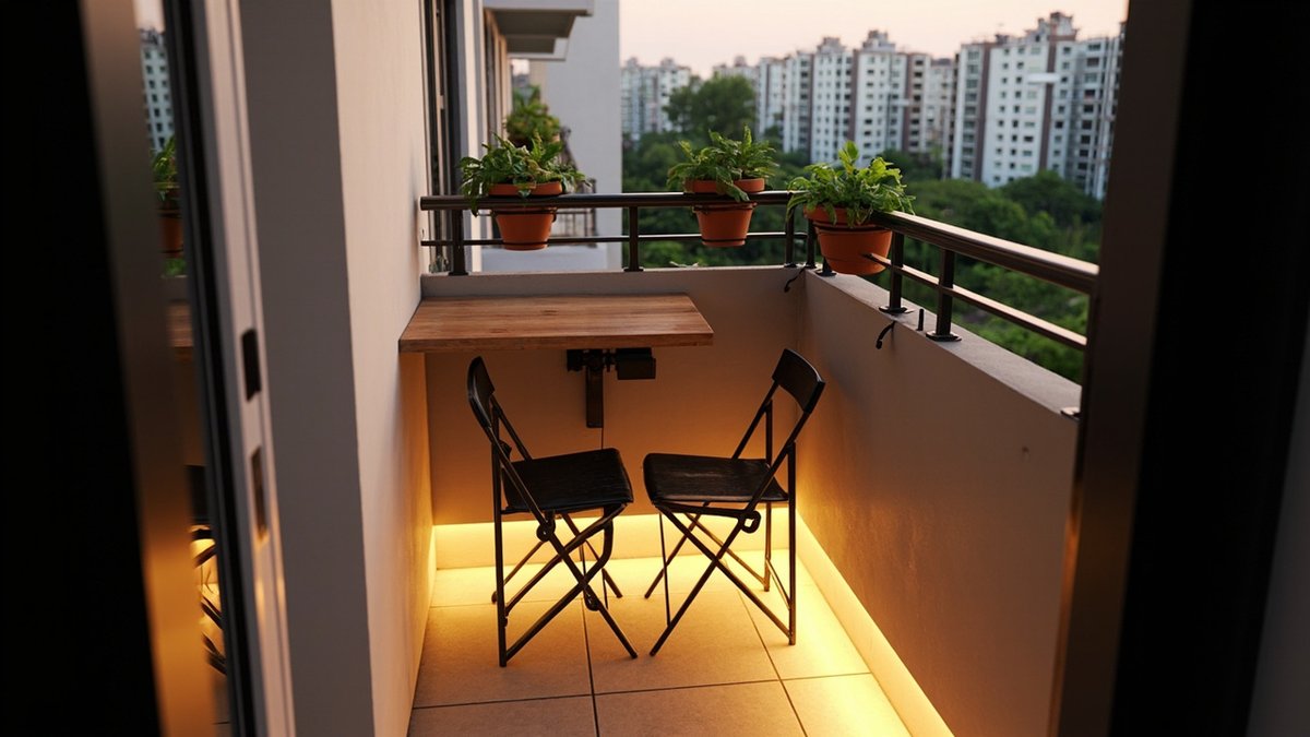 Illustrative concept design: narrow condo balcony at dusk with a wall-mounted fold-down timber table, two folding chairs and hung herb pots