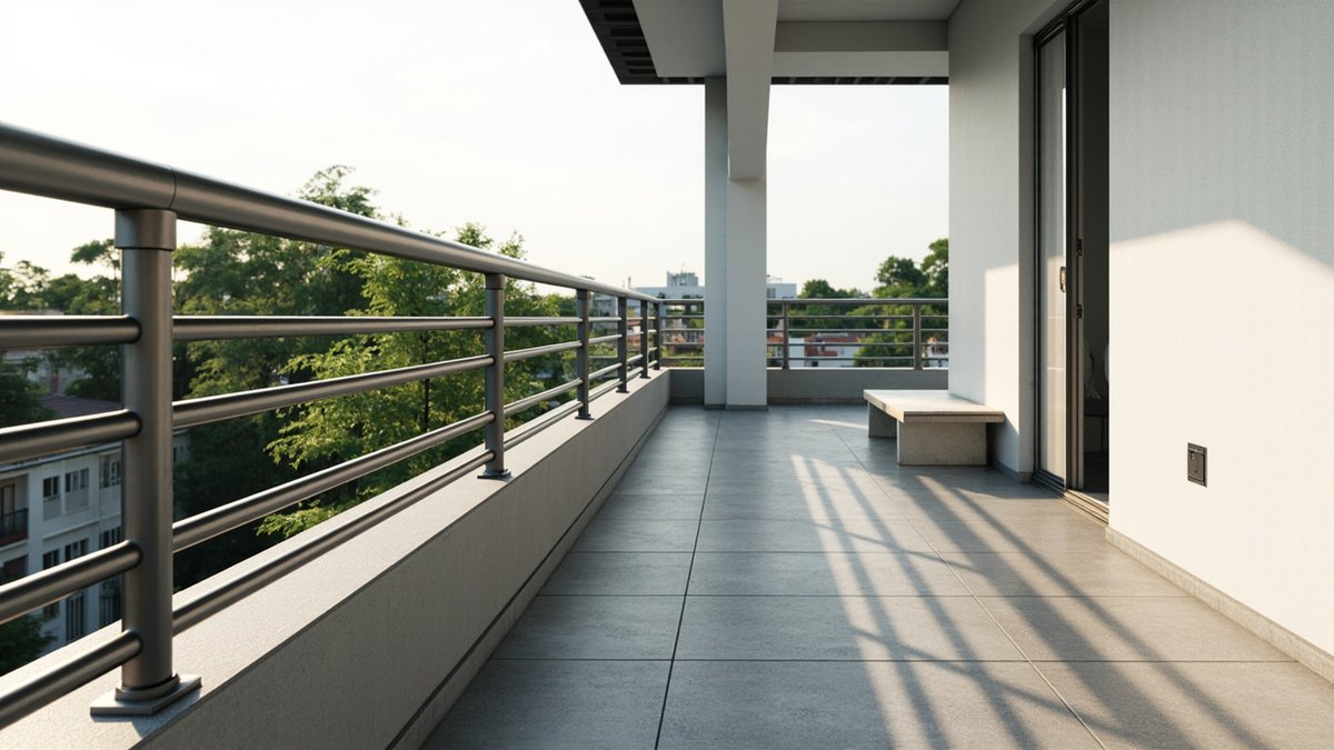 Illustrative concept design: dark brushed steel railing with round posts and horizontal tubes along a long balcony