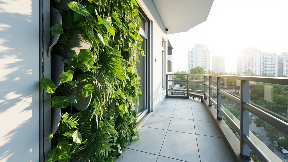 Illustrative concept design: lush vertical garden of ferns and pothos on a condo balcony side wall