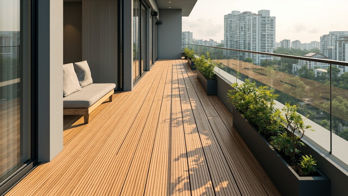 Illustrative concept design: honey-tone grooved WPC decking on a long condo balcony with a bench, planters and glass railing