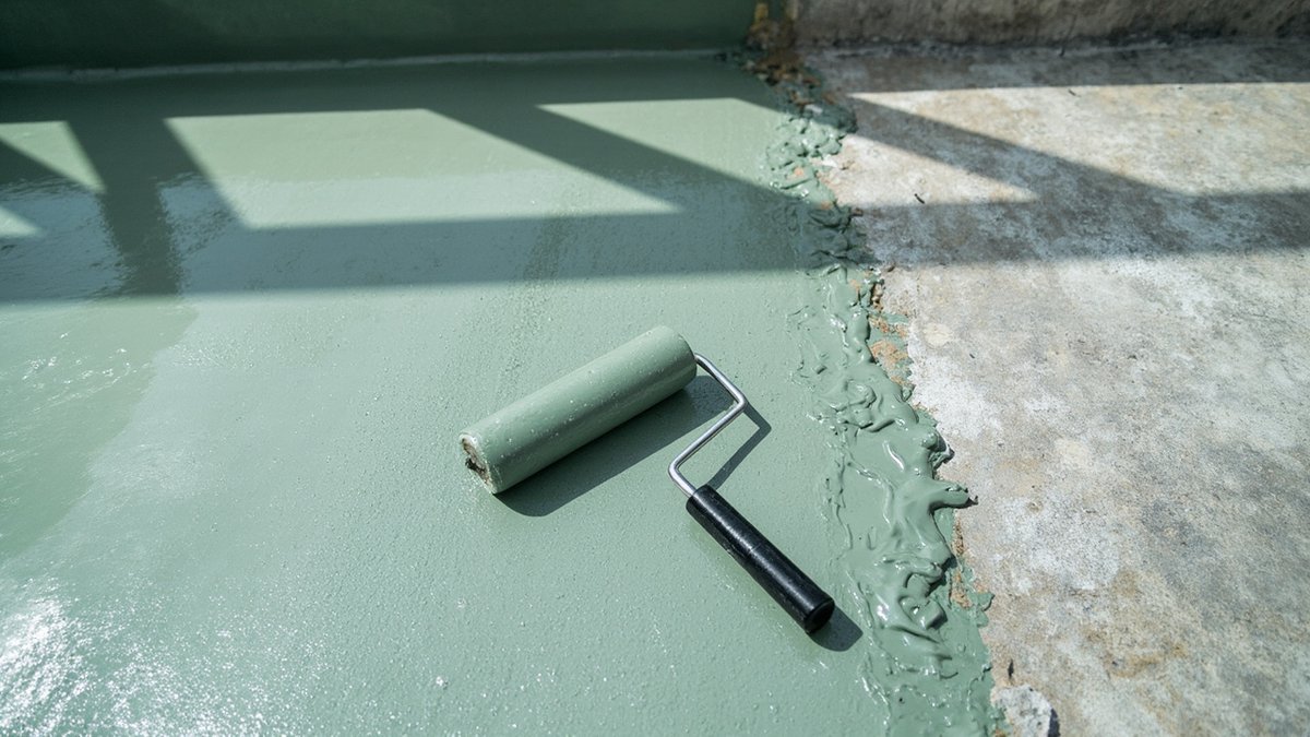 Balcony floor half-coated with fresh waterproofing paint