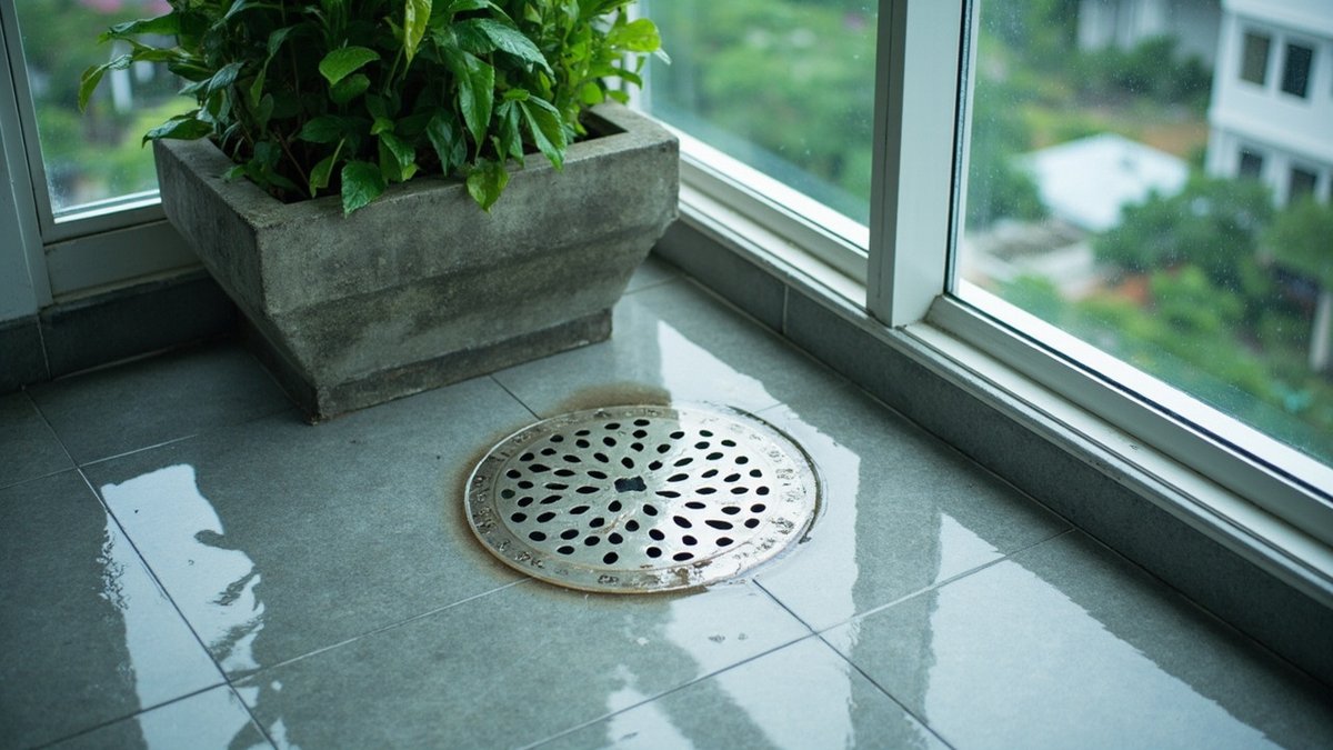 Condominium balcony floor drain with pooling water beside a planter box