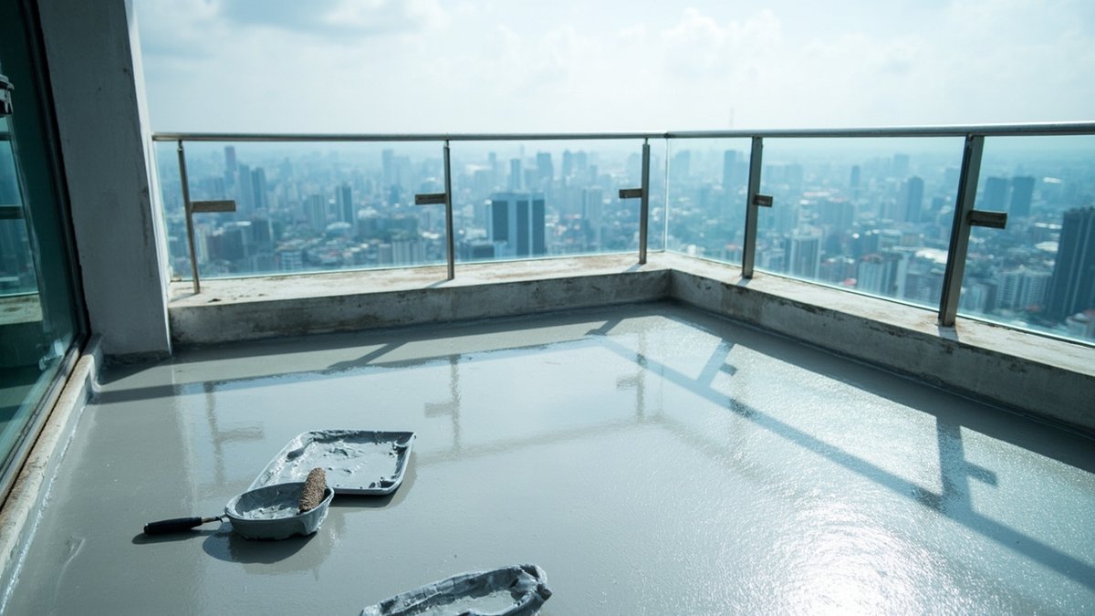 Freshly waterproofed condo balcony floor with KL city view