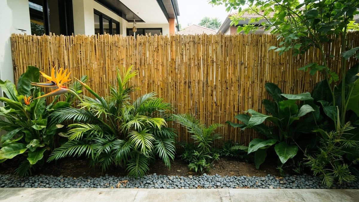 Illustrative concept design: tall bamboo screen fence behind bird-of-paradise and palms