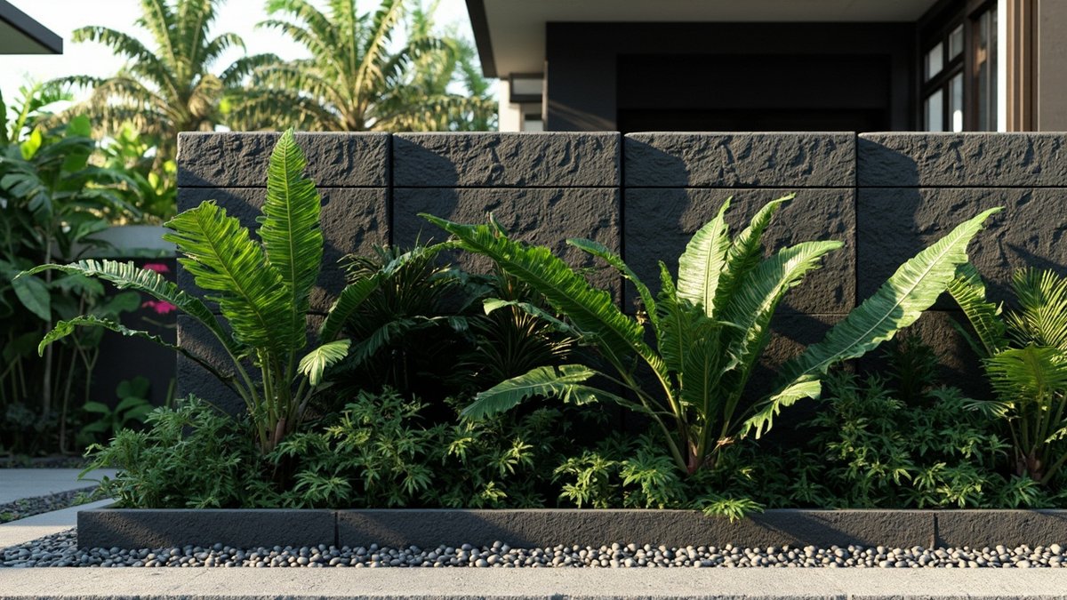Illustrative concept design: dark textured stone wall behind a bed of large ferns