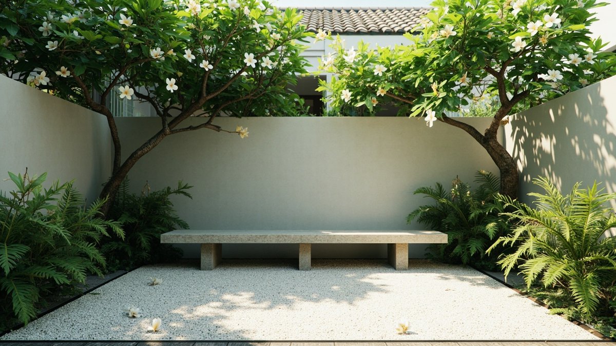 Illustrative concept design: pale gravel court under two frangipani trees with a stone bench