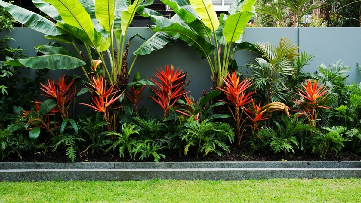 Illustrative concept design: layered bed of banana plants, red flowers and ferns against a grey wall