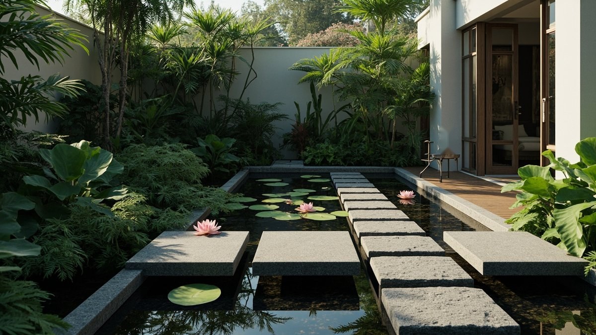 Illustrative concept design: rectangular lily pond crossed by granite stepping slabs