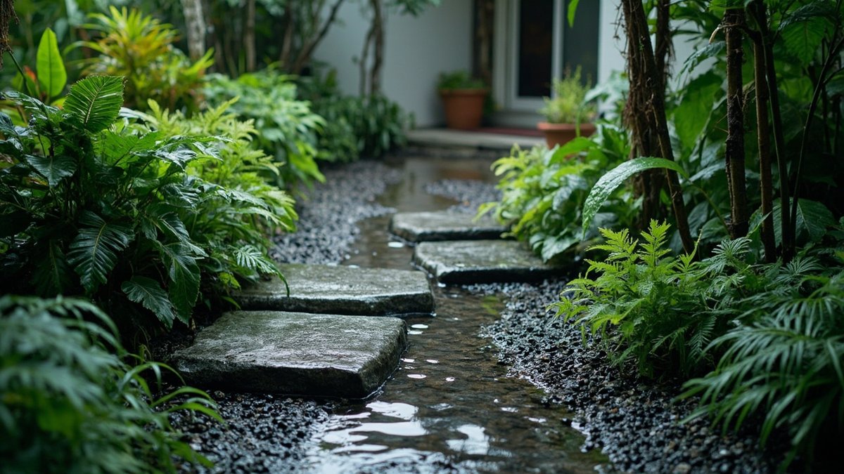 Illustrative concept design: gravel rain channel with flat stone steps between ferns