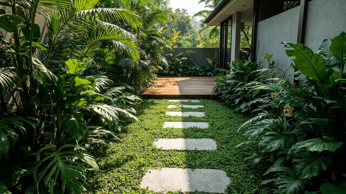 Illustrative concept design: pale stepping stones through dense ground cover to a timber deck