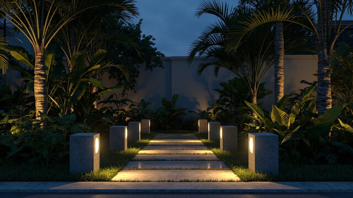 Illustrative concept design: night path lined with glowing square stone lanterns and uplit palms
