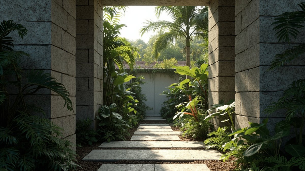 Illustrative concept design: grey stone pillar gateway framing a stone slab path into lush planting