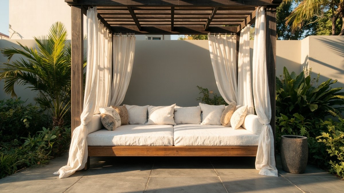 Illustrative concept design: timber daybed with white cushions under a draped dark timber pergola