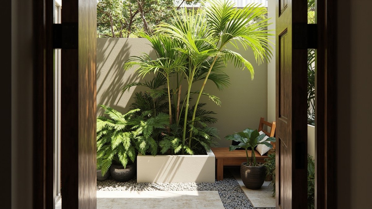 Illustrative concept design: small terrace yard with palms in a raised planter, pebbles and a bench