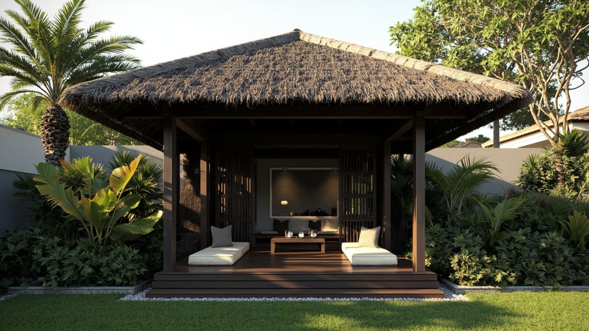Illustrative concept design: dark timber sala with a thatch-look roof on a raised deck