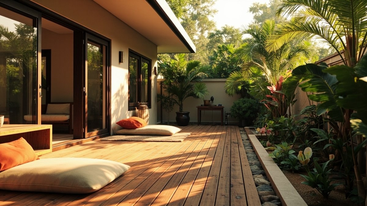 Illustrative concept design: low timber deck with floor cushions outside sliding doors