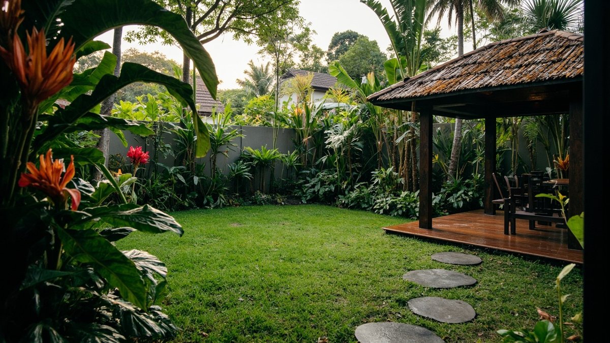 Illustrative concept design: back garden lawn with stepping stones to a dark timber sala on a deck, layered heliconia, banana and palm beds along the wall
