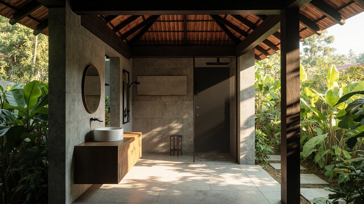 Illustrative concept design: garden bathroom pavilion under a terracotta tile roof