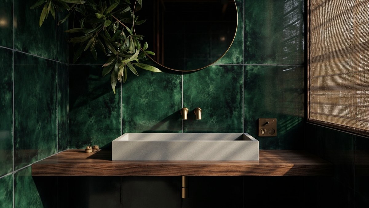 Illustrative concept design: concrete trough basin with brass spouts on green tiles