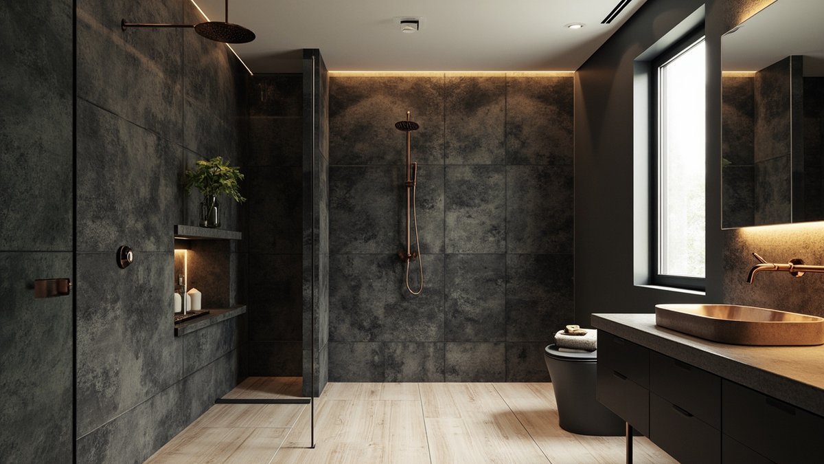 Illustrative concept design: dark basalt-look shower with a copper rain shower