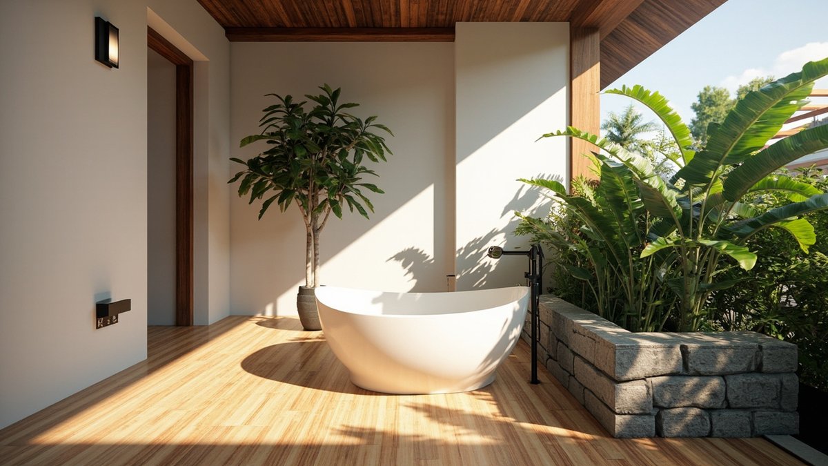 Illustrative concept design: freestanding tub beside a stone planter under a timber soffit