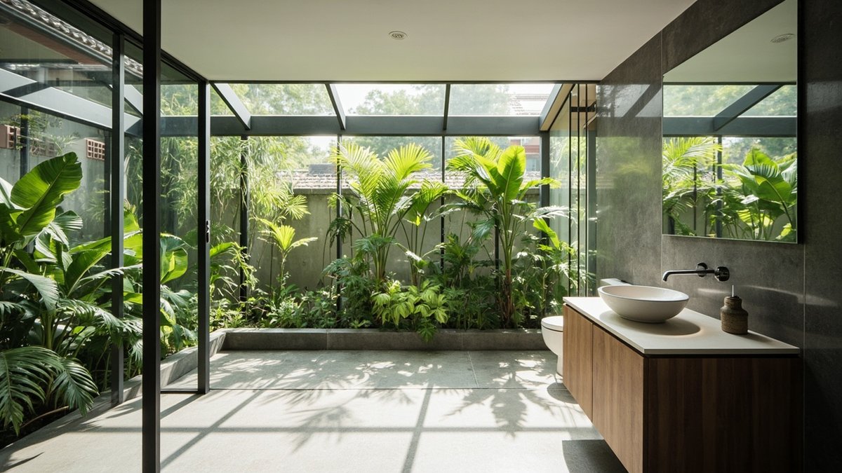 Illustrative concept design: glass-roofed bathroom over a strip of palms and ferns