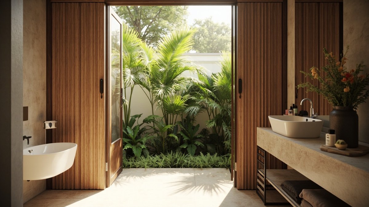 Illustrative concept design: slatted timber doors open to a small palm garden