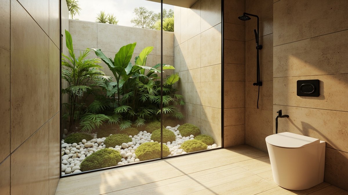 Illustrative concept design: fixed glass panel onto a tiny fern and pebble courtyard