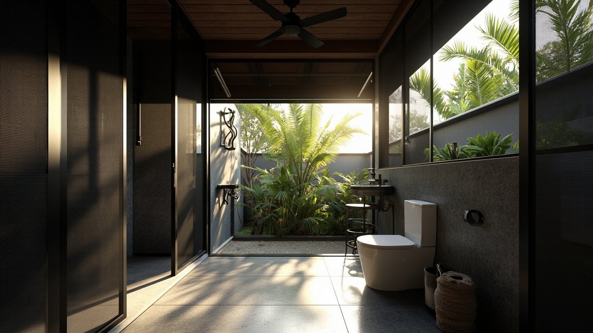 Illustrative concept design: semi-outdoor bathroom with mesh screens and a ceiling fan
