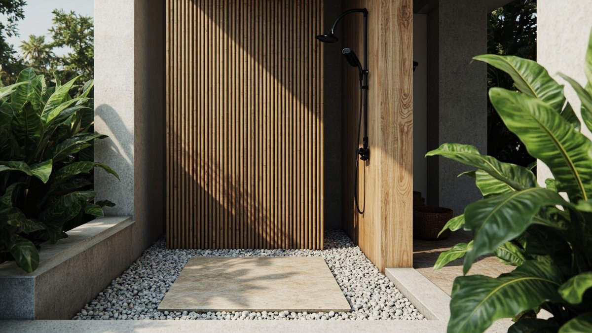 Illustrative concept design: open-air shower pad on river pebbles with a bamboo screen