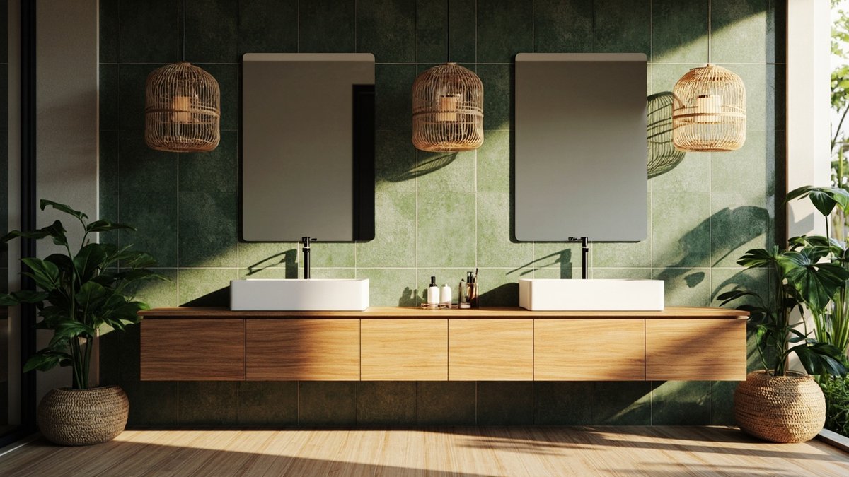 Illustrative concept design: teak-look double vanity with woven rattan pendants